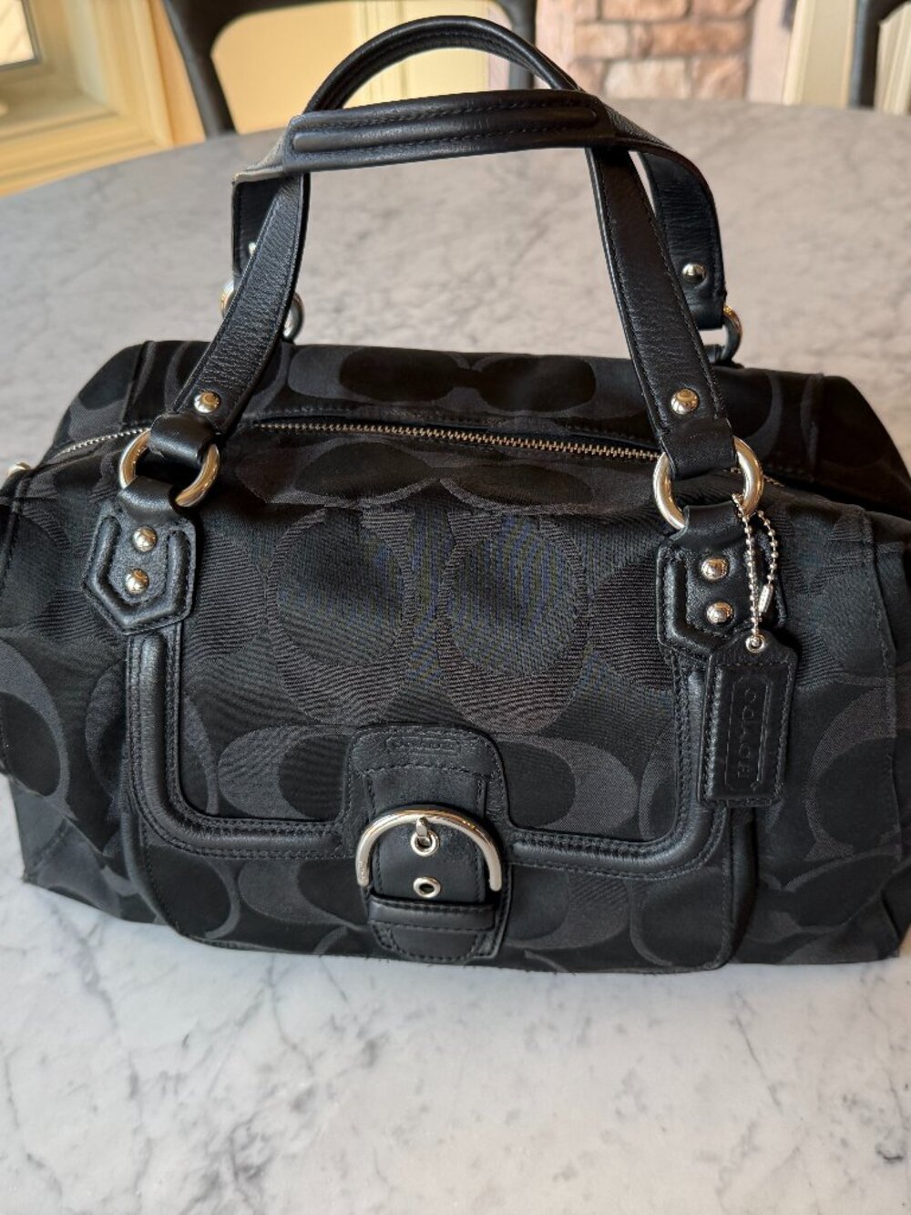Coach Campbell Signature Sateen Satchel, Black Canvas & Leather, Silver Hardware